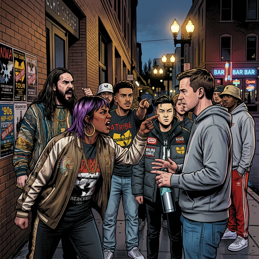 Punk-styled group arguing with a man outside a venue at dusk